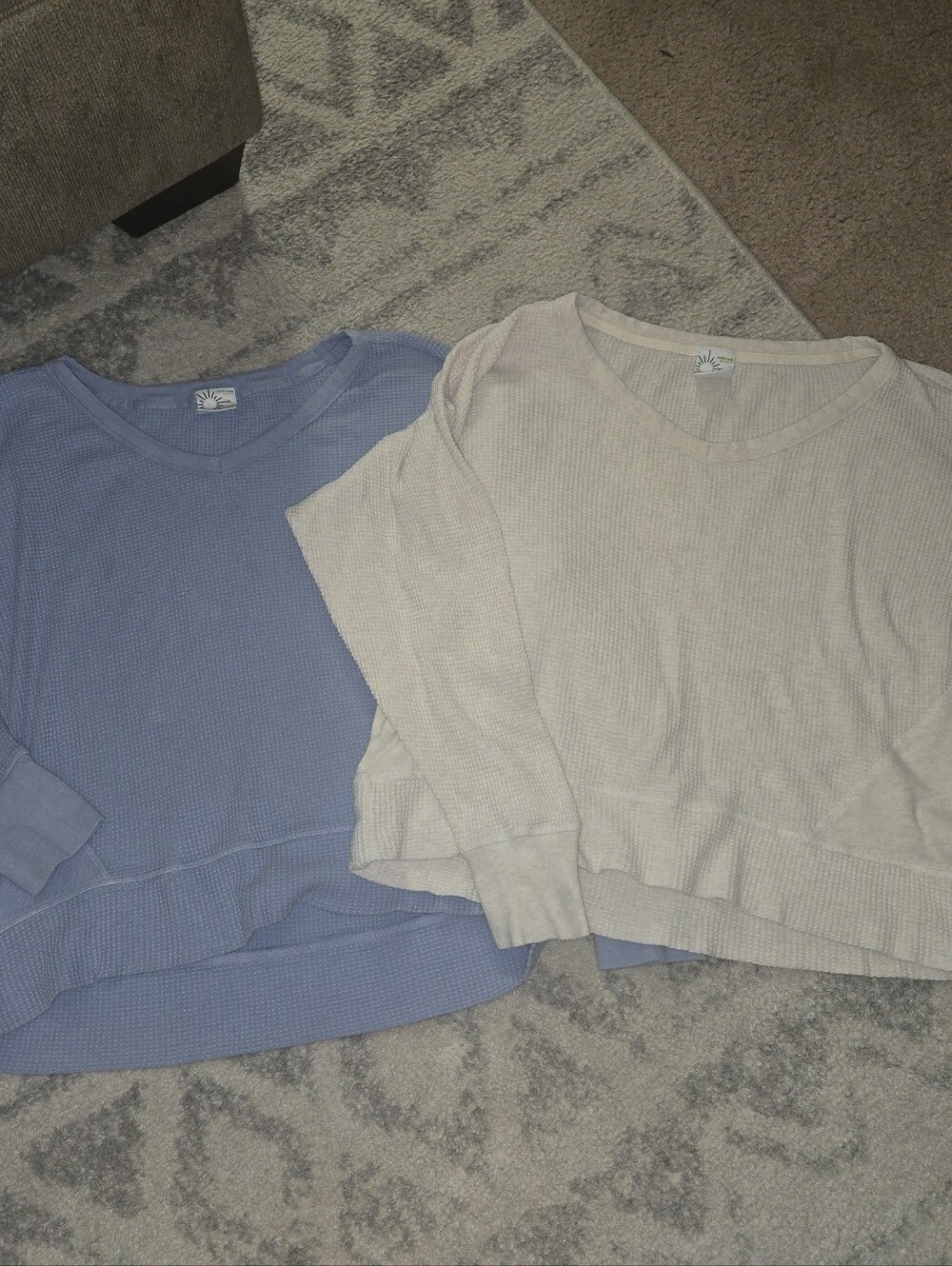 Offline By Aerie Waffle Knit Scoop Neck Tops - Light Blue & Cream